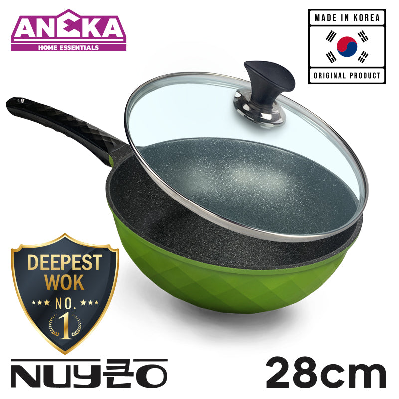 MADE IN KOREA NUYEO 28cm NAMU Series Non-stick Marble Plus Coating Deep Frying Wok Pan with Tempered Glass Lid