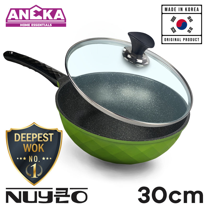 MADE IN KOREA NUYEO 30cm NAMU Series Non-stick Marble Plus Coating Deep Frying Wok Pan with Tempered Glass Lid