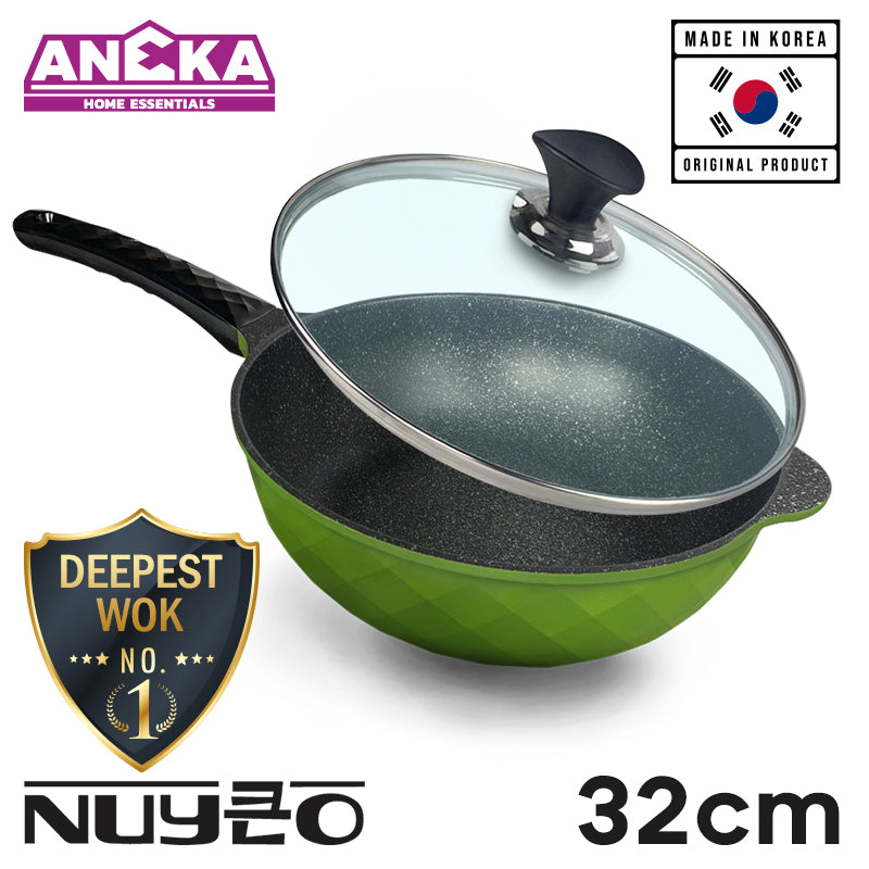 MADE IN KOREA NUYEO 32cm NAMU Series Non-stick Marble Plus Coating Deep Frying Wok Pan with Tempered Glass Lid
